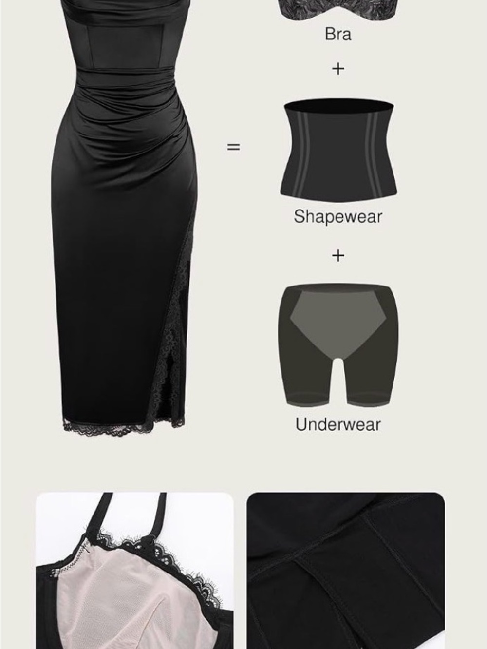 Black Lace-Trim Midi Slip Dress with Ruched Side - Picture 3 of 3
